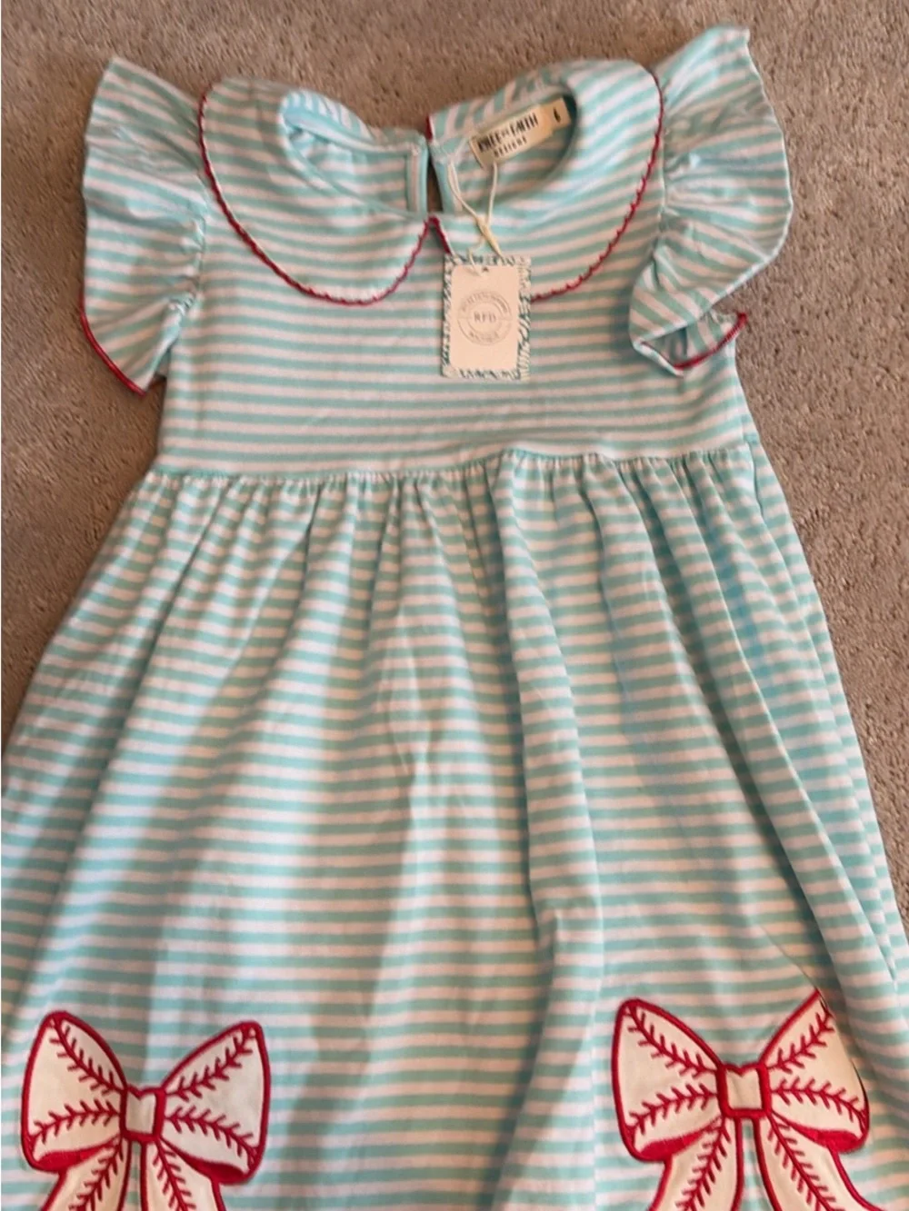 Blue & White Striped Girls Casual Dress with Red Bow Accents